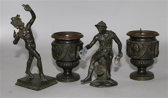 Two 19th century small bronze male figures after the Antique and a similar pair of urns, H 5.75in (max)